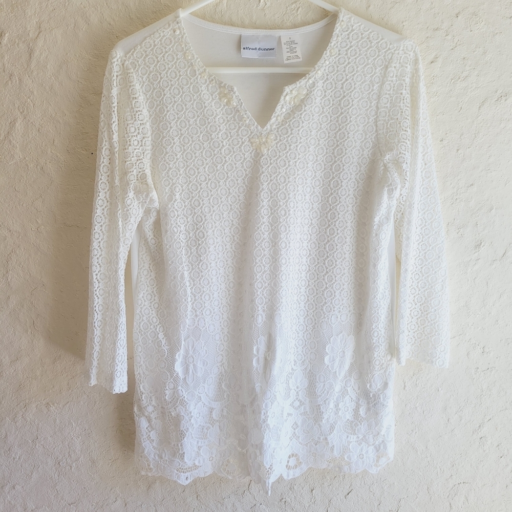 Alfred Dunner Coastal Grandma Lace Crochet Ivory Top